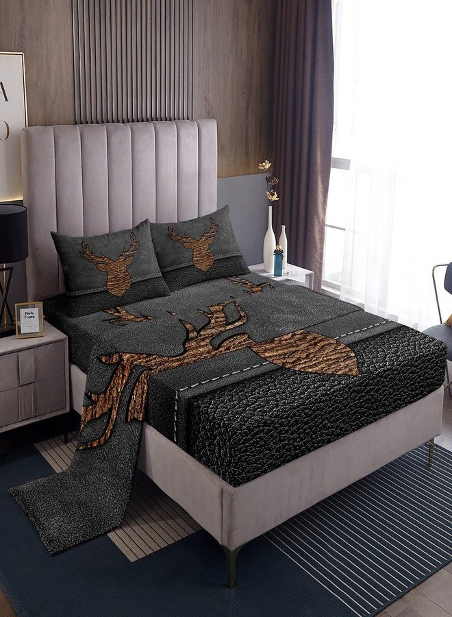 Homewish Rustic Deer Bed Sheet Set Queen Size,Retro Farmhouse Deer Antler Bedding Set for Children Adult,Brown Wooden Grey Cowhide Print Sheet Sets with Flat, Fitted Sheet, 2 Pillowcases - Image 1